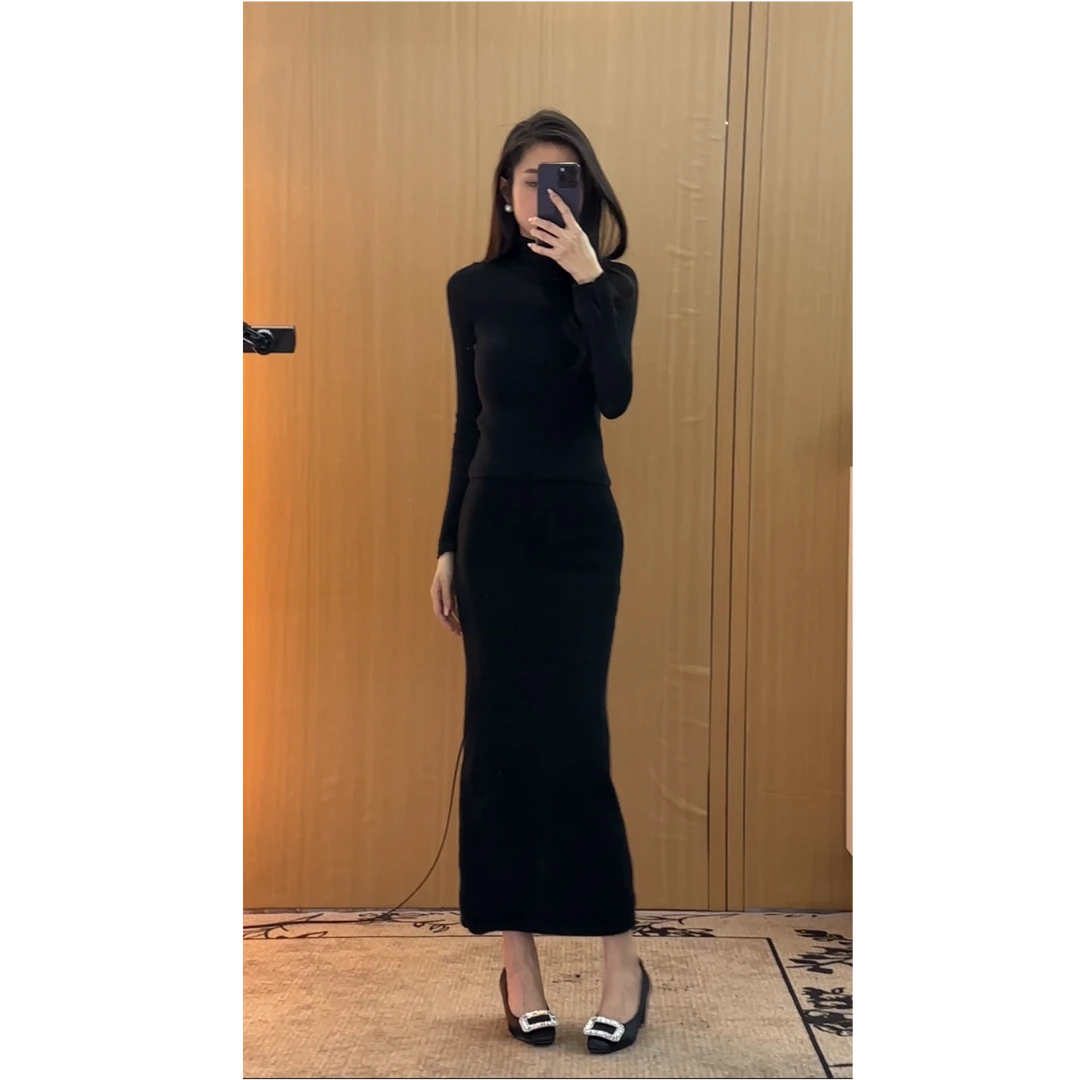 【署名为冬】秋冬时尚针织气质显瘦微透设计感上衣修身半裙两件套