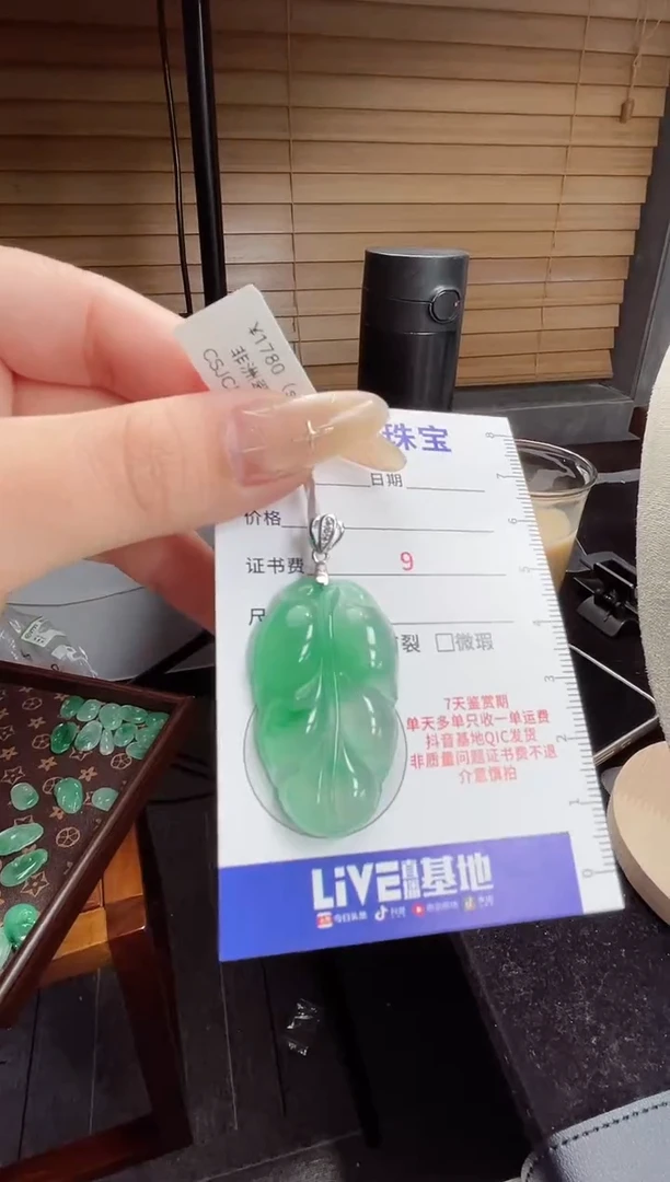 吊坠(赠链)银S925镶嵌石英质玉（非洲翠）3.110叶子