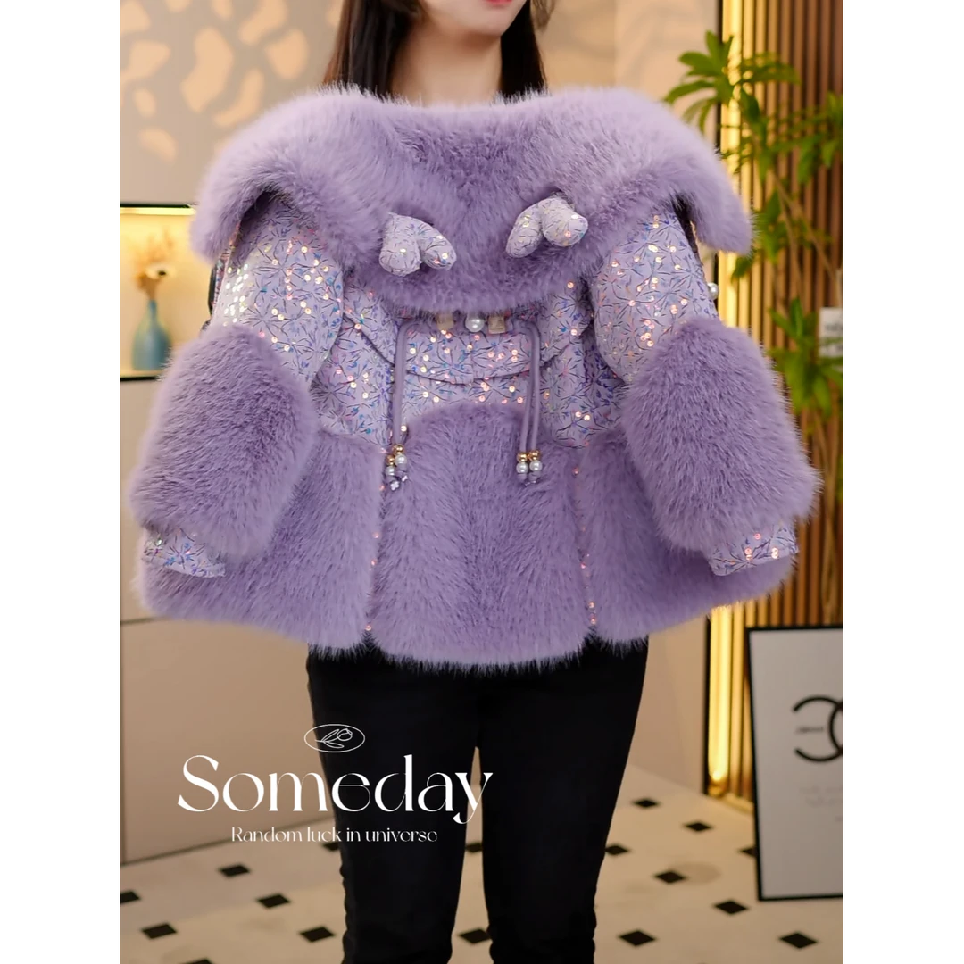 现货-女童冬装2024新款洋气加绒加厚中长款紫色草草外套