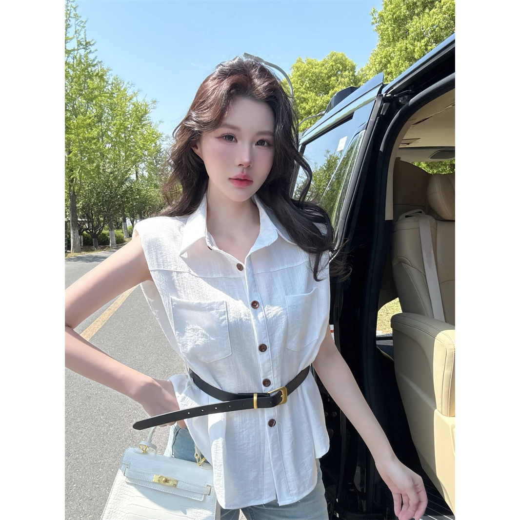 法式设计感polo领无袖衬衫夏季新款气质收腰短款坎肩背心洋气上衣