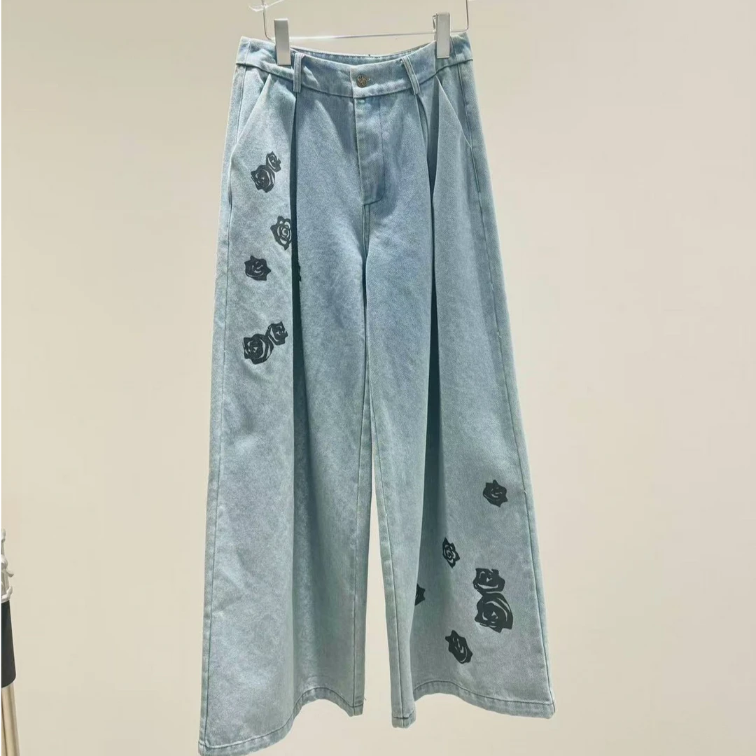 【NO退NO换】鑫燃KIKI 慵懒风刺绣牛仔裤高腰蓝色休闲裤 8343 JCC