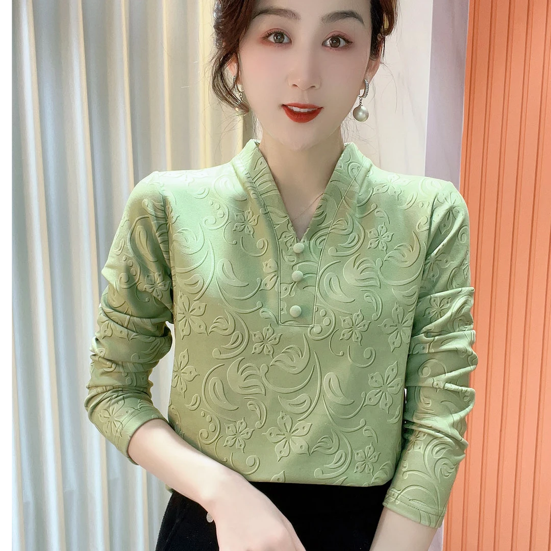 2025冬季新款V领印花气质百搭时尚长袖减龄加绒打底衫上衣女589