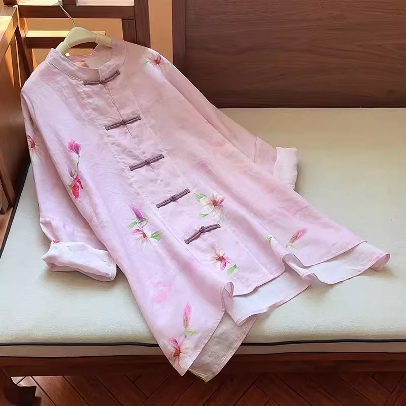 【倚梦】温柔显白七分袖圆领宽松廓形印花苎麻上衣 51225