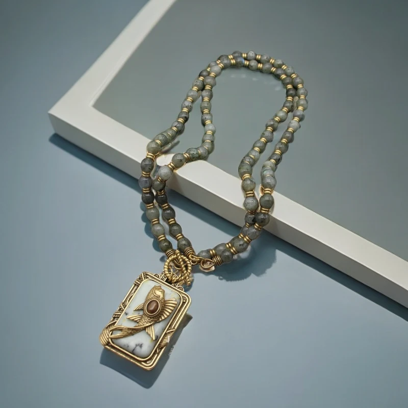 铜合金吊坠 意大利重工复古雕刻金鱼串珠无事牌吊坠耳环轻奢套装