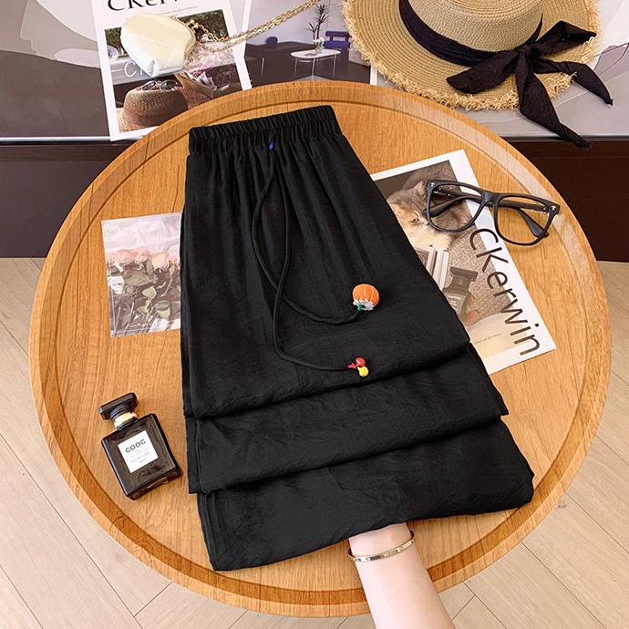 复古黑色流苏冰丝阔腿裤女夏季新款松紧腰宽松飘逸裙裤2025夏季