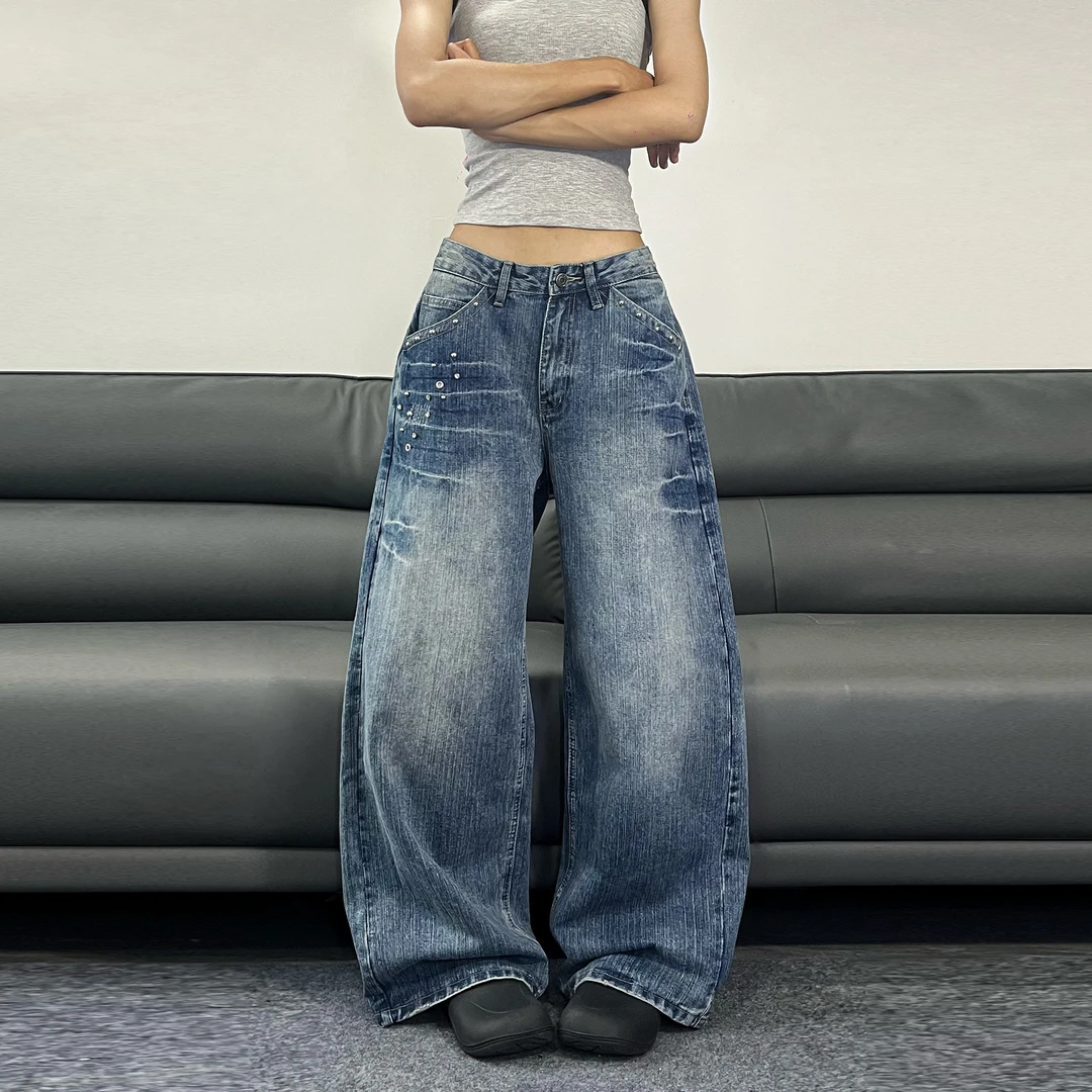 JADEQILIN美式复古铆钉水洗闪电直筒牛仔裤男女做旧设计阔腿裤子