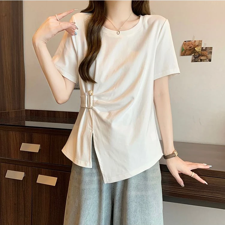 棉大码胖MM不规则遮肚显瘦短袖t恤女2025夏新款正肩开叉圆领上衣