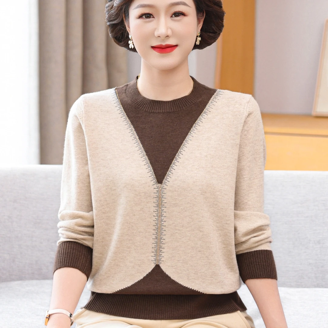 洋气妈妈秋装假两件上衣气质针织打底衫中年女春秋圆领长袖薄毛衣