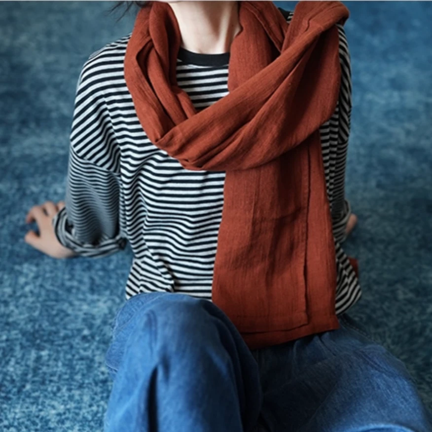 高品质黑灰条纹圆领棉t恤女春秋冬长袖新款文艺复古内搭上衣打底