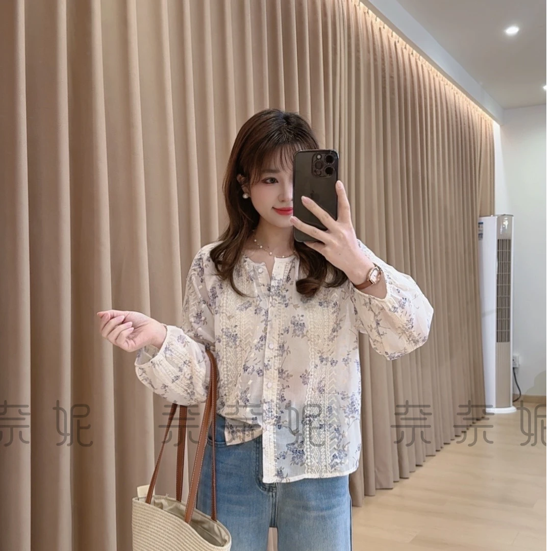 奈奈妮【莫奈手记】碎花衬衫长袖休闲洋气韩版时尚百搭9360