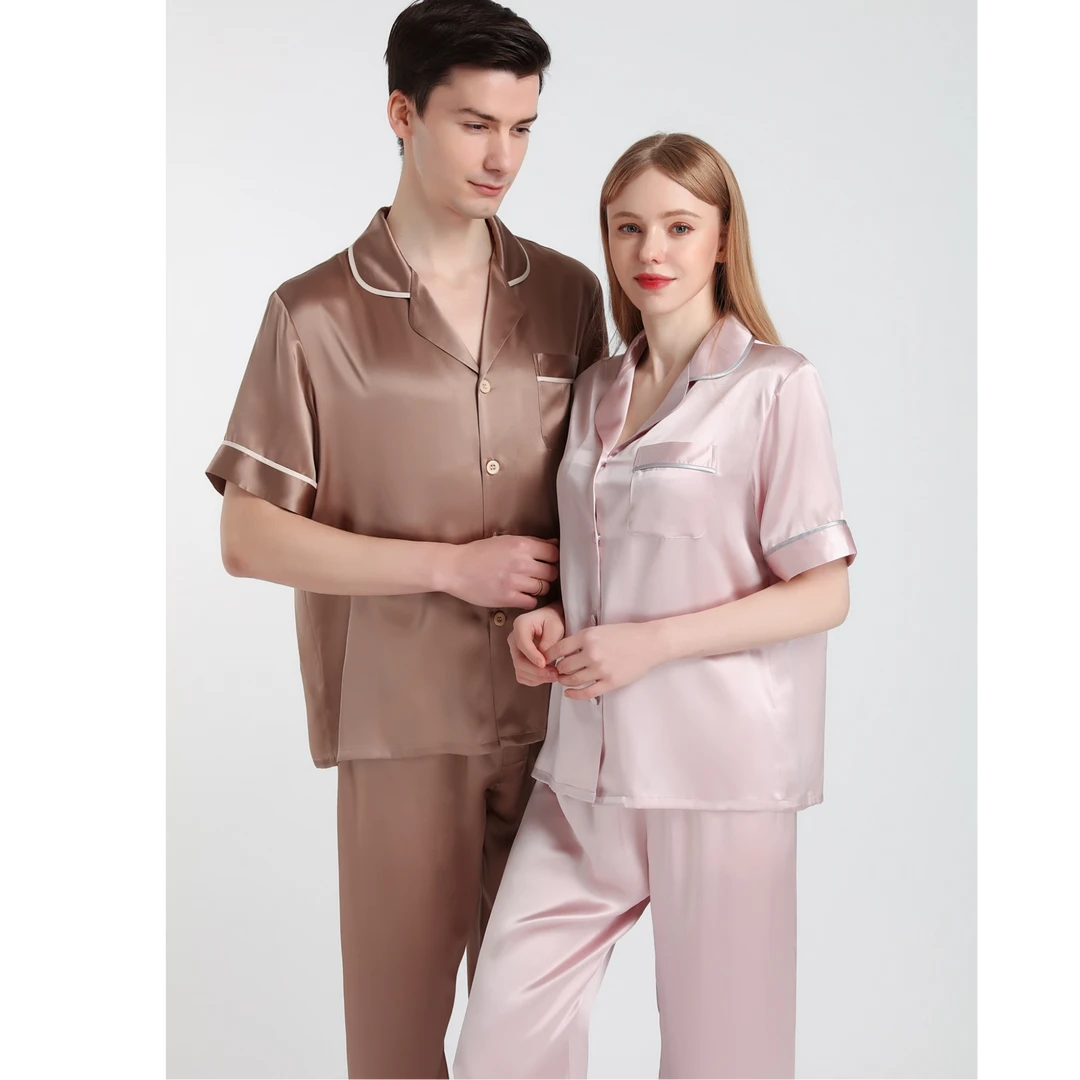 100%桑蚕丝真丝情侣男女短袖长裤套装睡衣可外穿纯色新款夏季