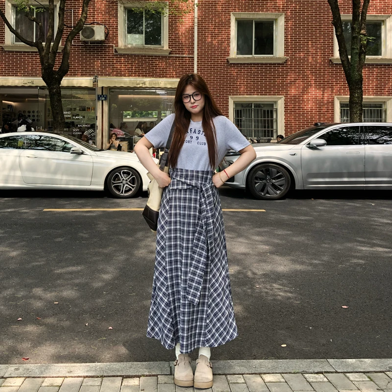 盈盈&南岛风大码女装字母格子绑带连衣裙胖mm夏季宽松长裙ZYY1820
