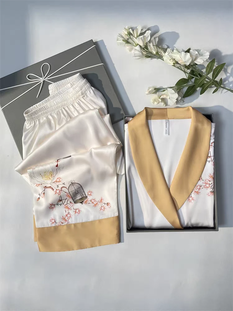 新中式青果领一枝梅印染冰雪丝睡衣女春夏新款女士气质长袖家居服