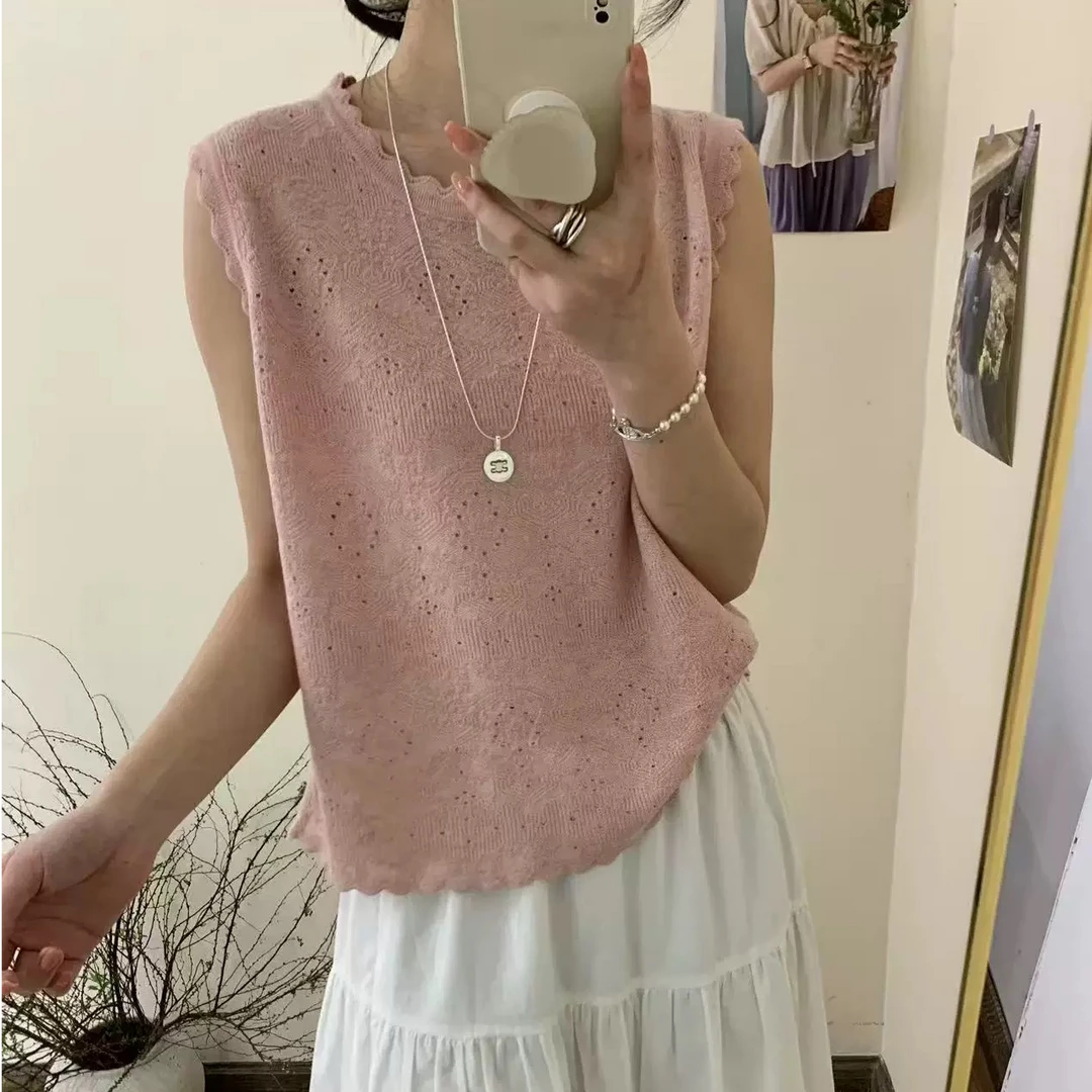 【思思精选】2025春夏季时尚百搭圆领镂空无袖气质针织衫S962#