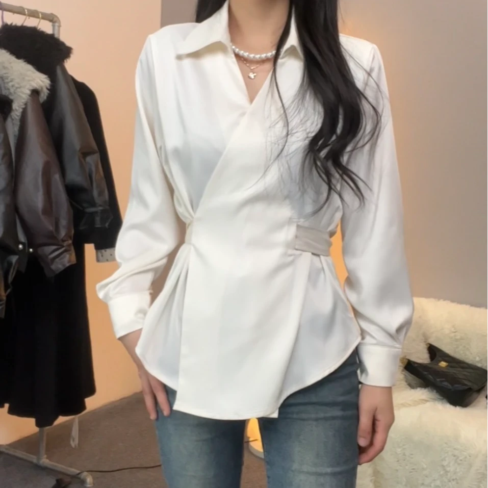 高级感轻奢v领长袖衬衫女2025春季新款收腰系带气质叠穿上衣显瘦