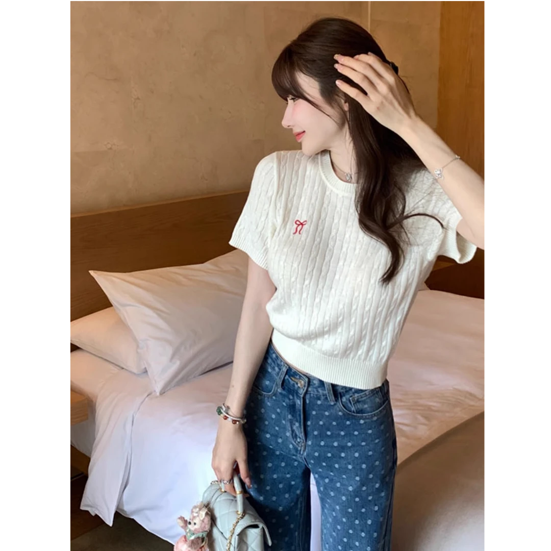 红色蝴蝶结麻花针织衫上衣女夏季甜辣小个子宽松冰丝正肩短袖t恤