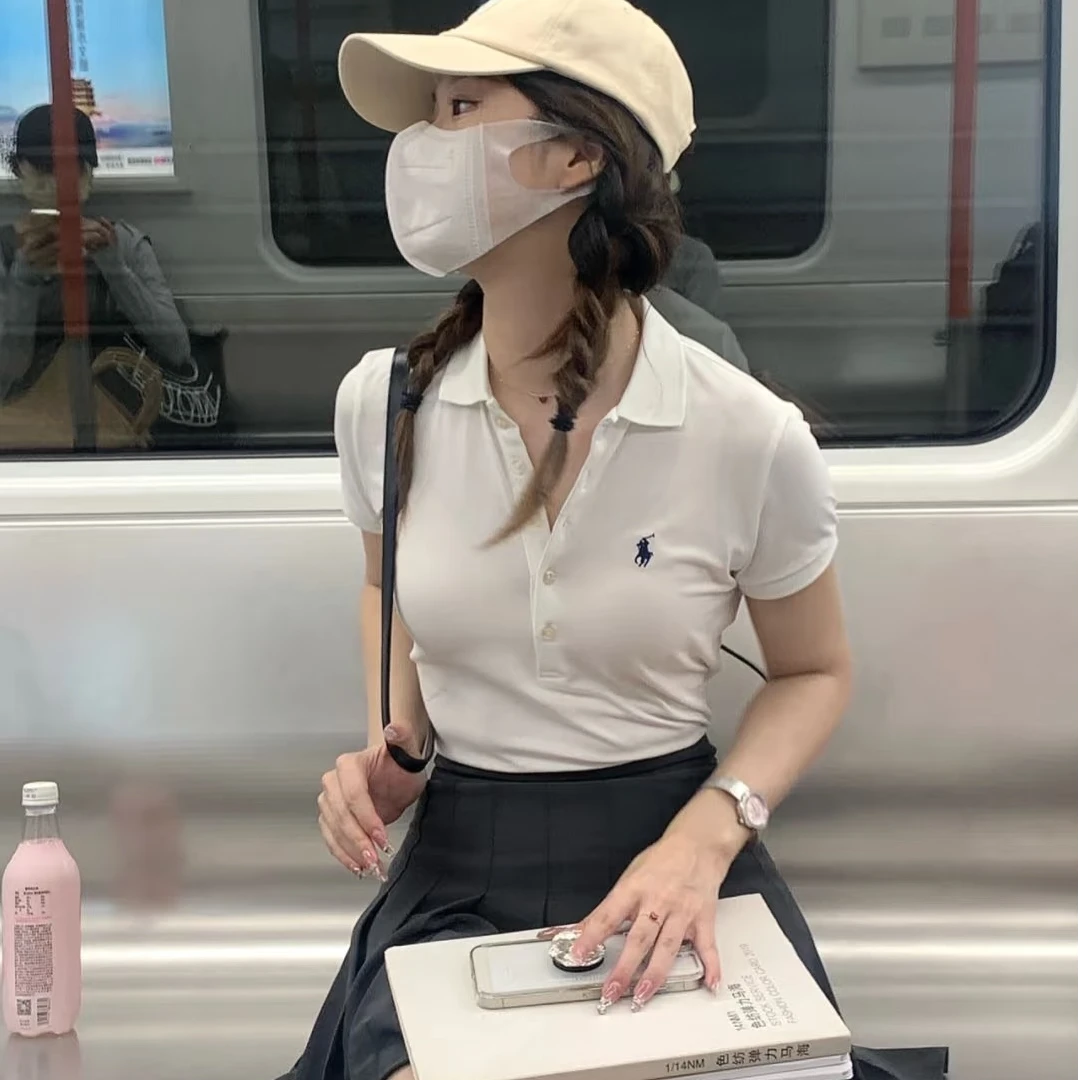 《YL》欧阳娜娜同款夏季小马刺绣纯棉-polo-短袖五颗扣百搭休闲翻领