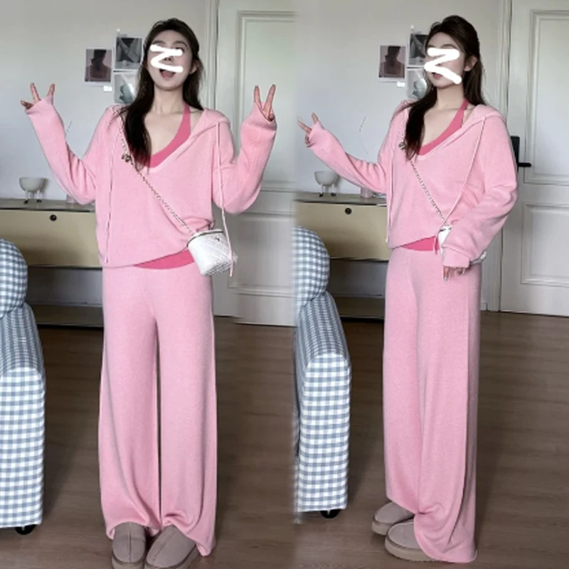 网红洋气炸街套装女2025春秋新款长袖针织衫挂脖背心阔腿裤三件套