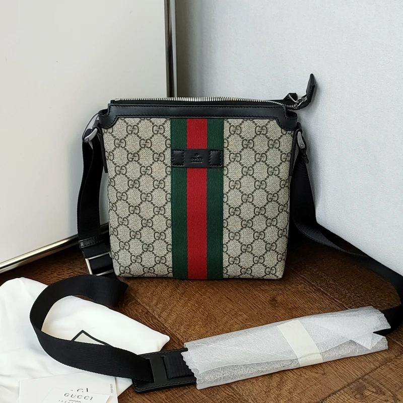 99新 GUCCI/古驰 Azul - 老花拼皮红绿织带斜挎邮差包 51751