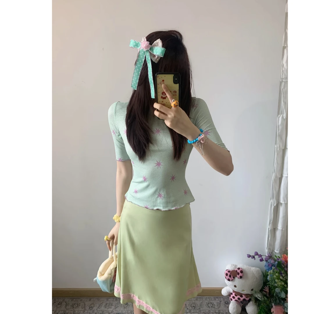 粉色星星波点印花五分袖绿色立领上衣+粉色花边拼接半身裙两件套