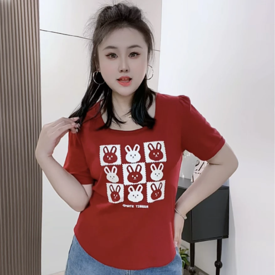 大码减龄正肩短袖t恤女2025春夏胖mm宽松显瘦不规则休闲百搭上衣