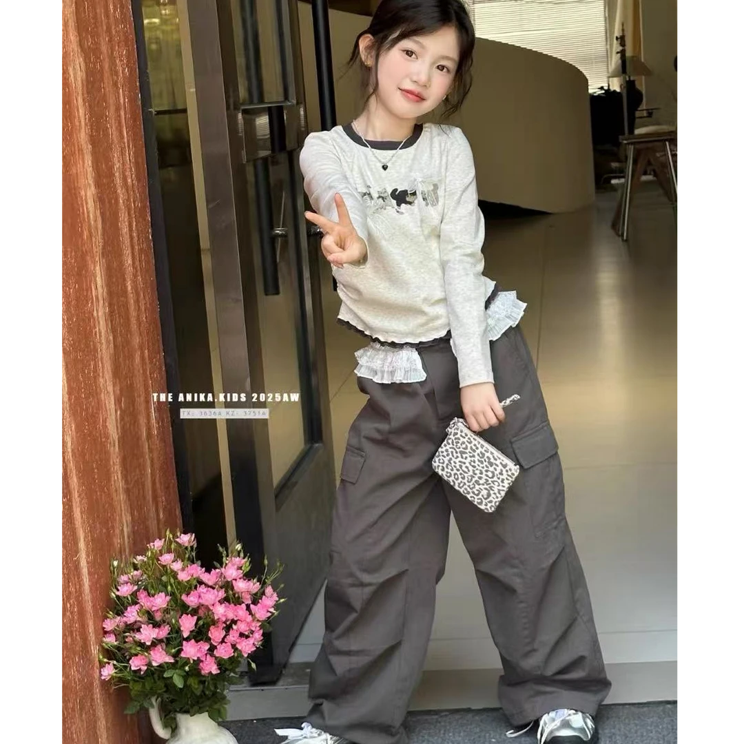 女童秋季新款套装洋气蝴蝶结长袖上衣花边工装裤女宝宝两件套