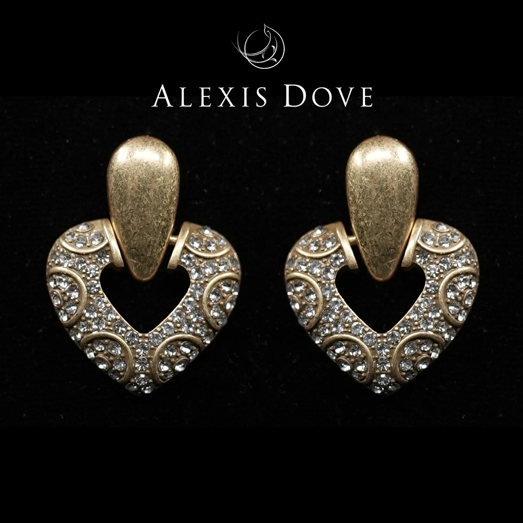 铜合金合成锆石耳饰 重工满镶爱心耳钉