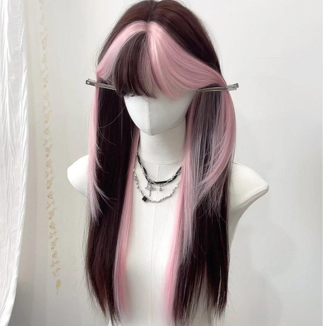 沐奇趣味萌假发粉色挑染时尚日常高层次长直发假发女款全头套推荐