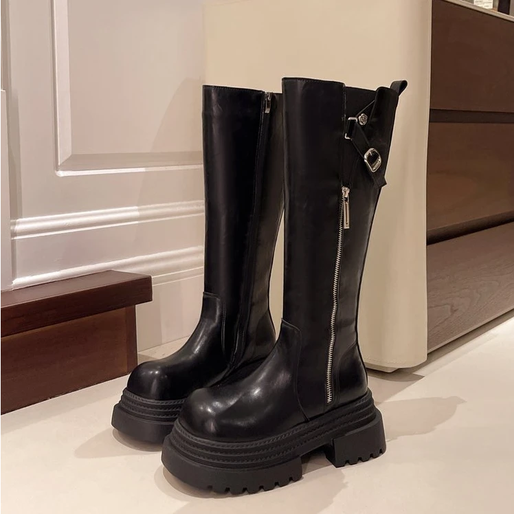厚底增高长筒靴2024女冬季新款侧拉链时尚百搭潮流不过膝骑士靴