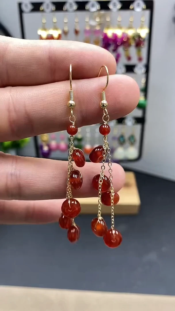 【闪购商品】南红玛瑙耳饰银S925镀金镶嵌平安扣流苏0