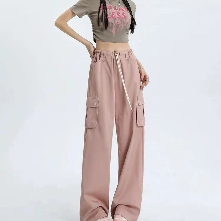 1370#粉色工装牛仔裤春季美式宽松显瘦休闲束脚两穿工装裤