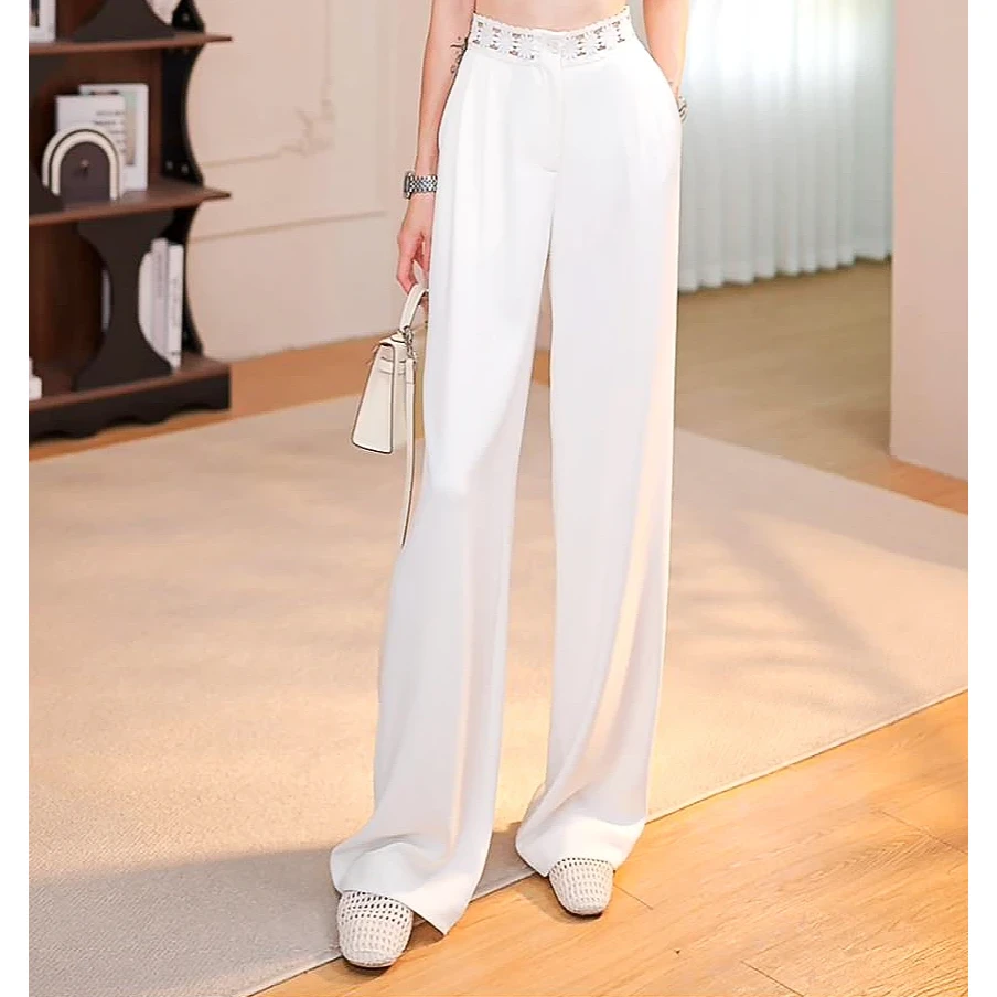 2025夏季韩版设计感气质蕾丝花边窄版阔腿裤女高腰显瘦百搭直筒裤