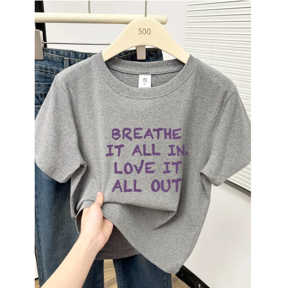 灰色字母印花圆领正肩短袖T恤女夏装韩版简约休闲百搭打底衫上衣