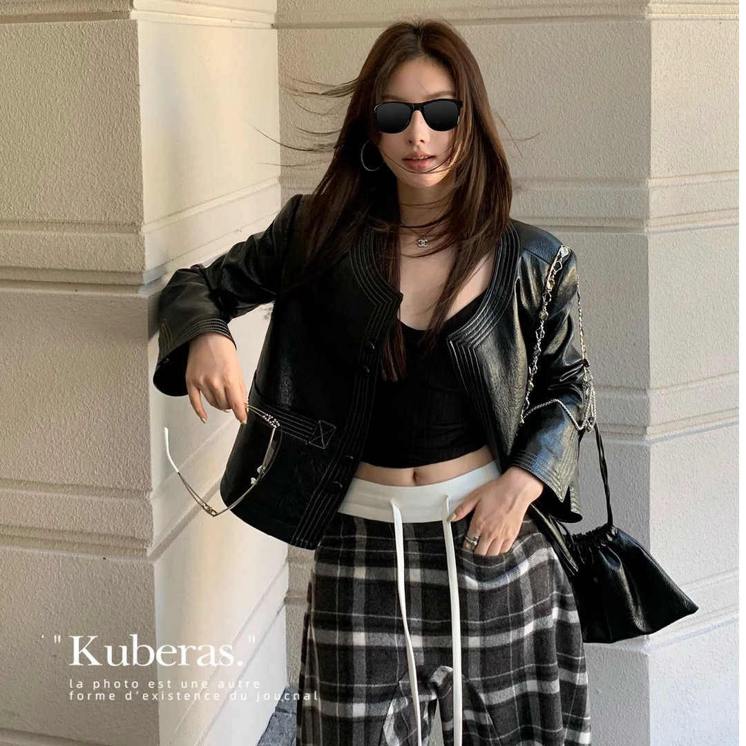 秋季新款街头风宽松休闲百搭短外套黑色女吊带背心格子裤子阔腿裤