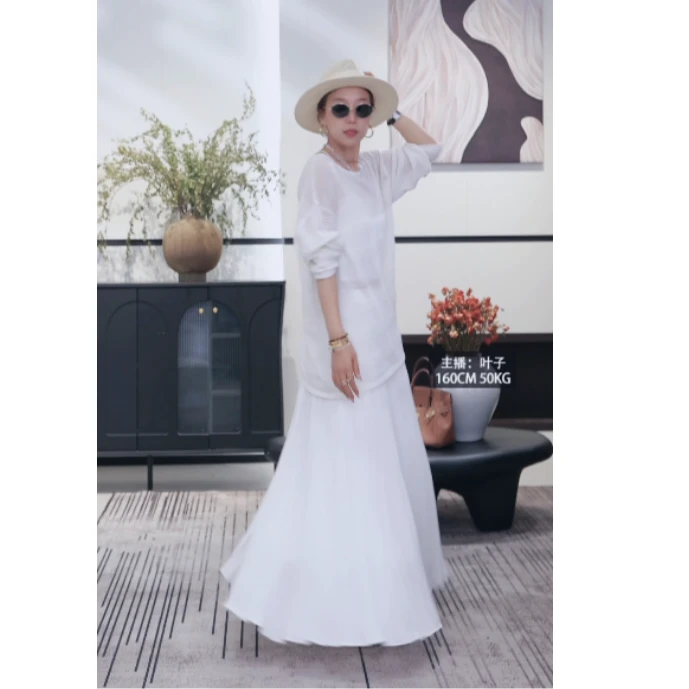 三醋森系褶皱高工艺白色半裙25233039