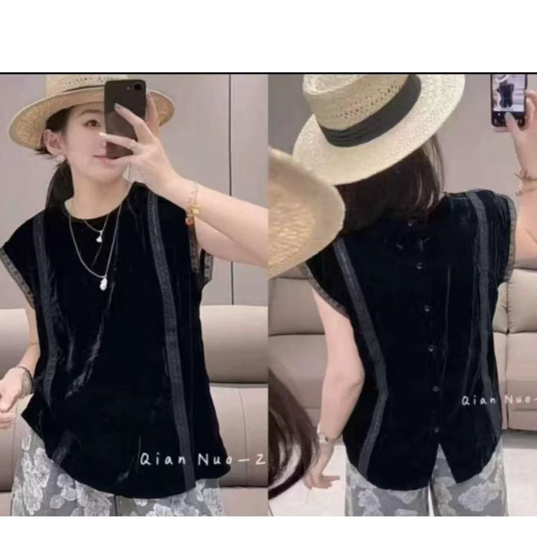 欧货时尚蕾丝拼接宽松黑色丝绒小衫别致上衣3501
