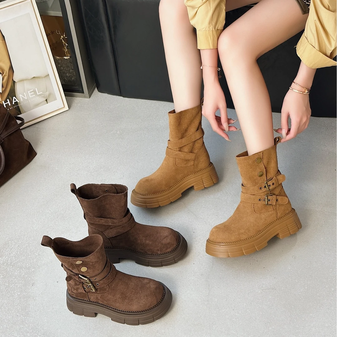 堆堆靴子女秋2025新款美拉德西部牛仔靴网红ins潮中筒翻边马丁靴