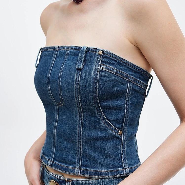 Roselingling时髦精B备_石磨水洗牛仔高弹复古度假风抹胸/背心