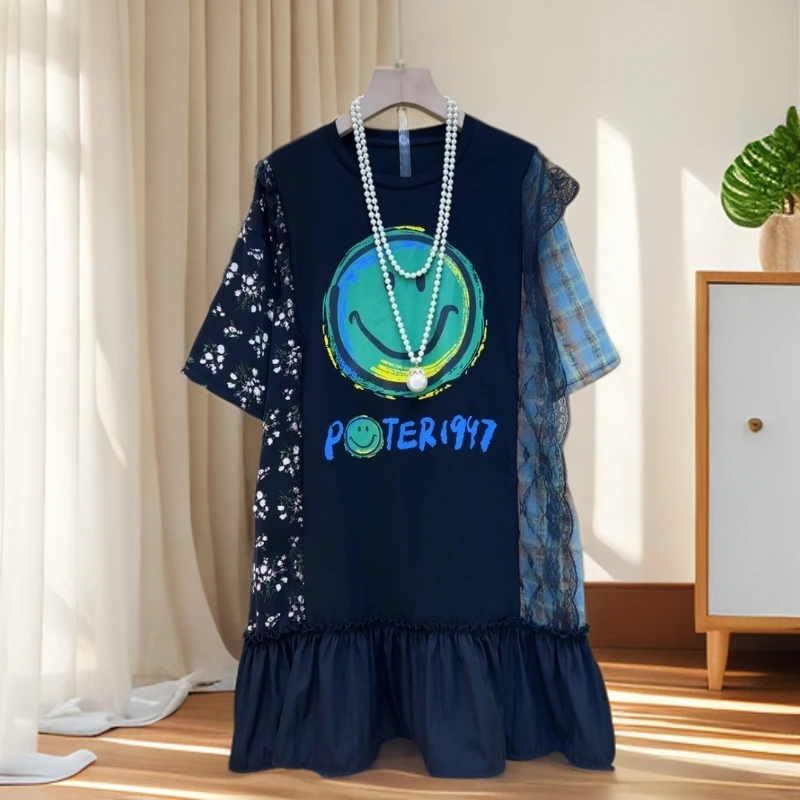 夏装2025新款大码女装胖妹妹宽松t恤长裙梨型长款短袖连衣裙