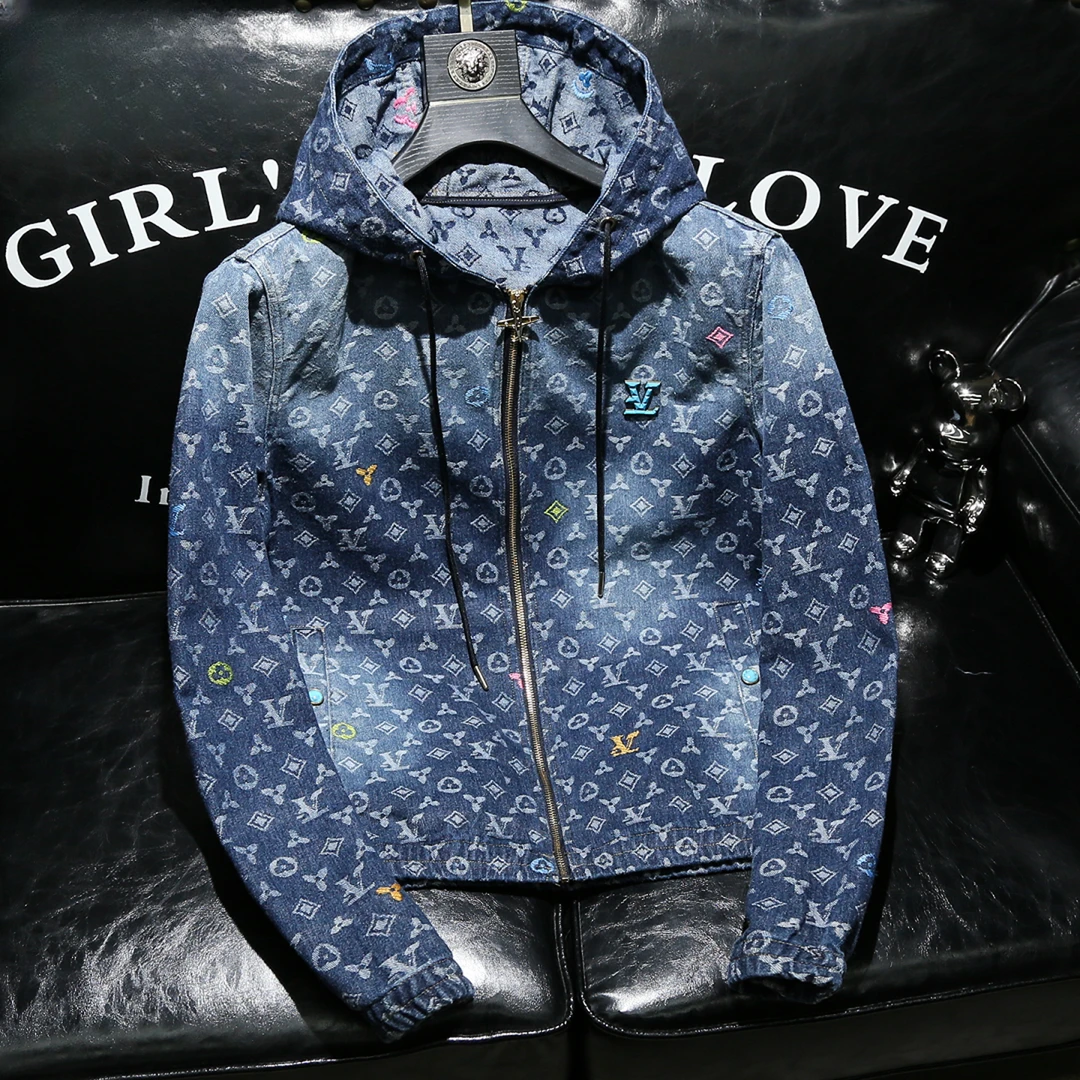 内米霍切高端潮流休闲连帽男士外套春秋帅气提花大码时尚牛仔夹克