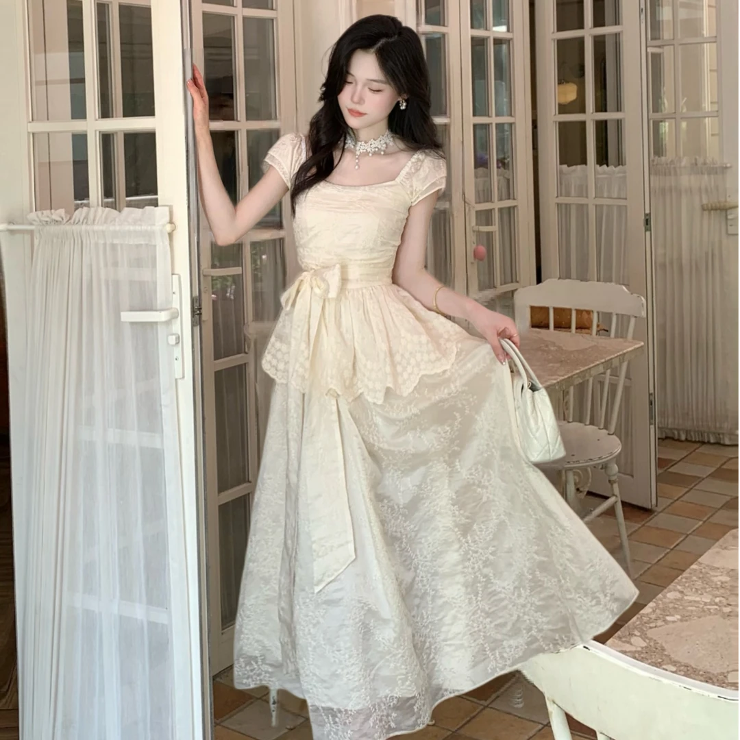 Blovelan白檀茉莉 茶歇法式甜美提花蝴蝶结收腰气质连衣裙