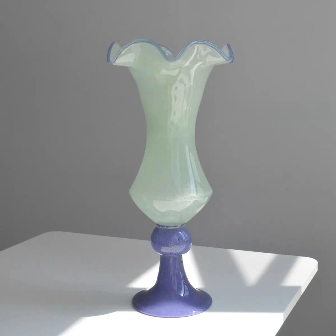 Vintage复古风中古法式餐桌花瓶手工琉璃高脚花器摆件插花装饰品