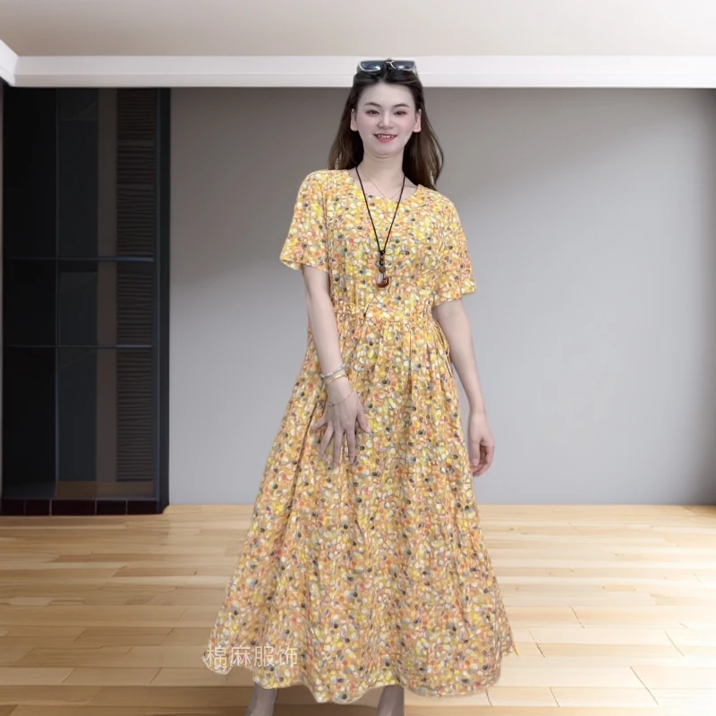 九儿夏季新款上新圆领黄色印花休闲显瘦抽绳收腰气质连衣裙9002