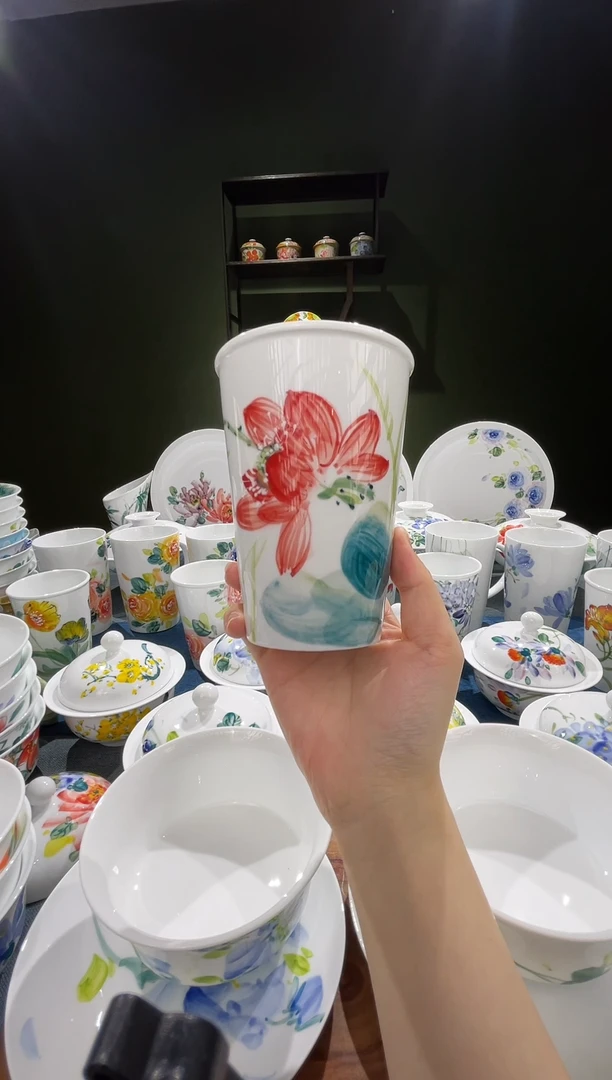 杯子景德镇高温釉下彩可乐杯荷花