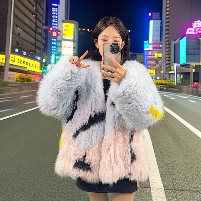 狐狸毛双面加密编织撞色时尚外套女秋冬小众设计师款皮草毛毛