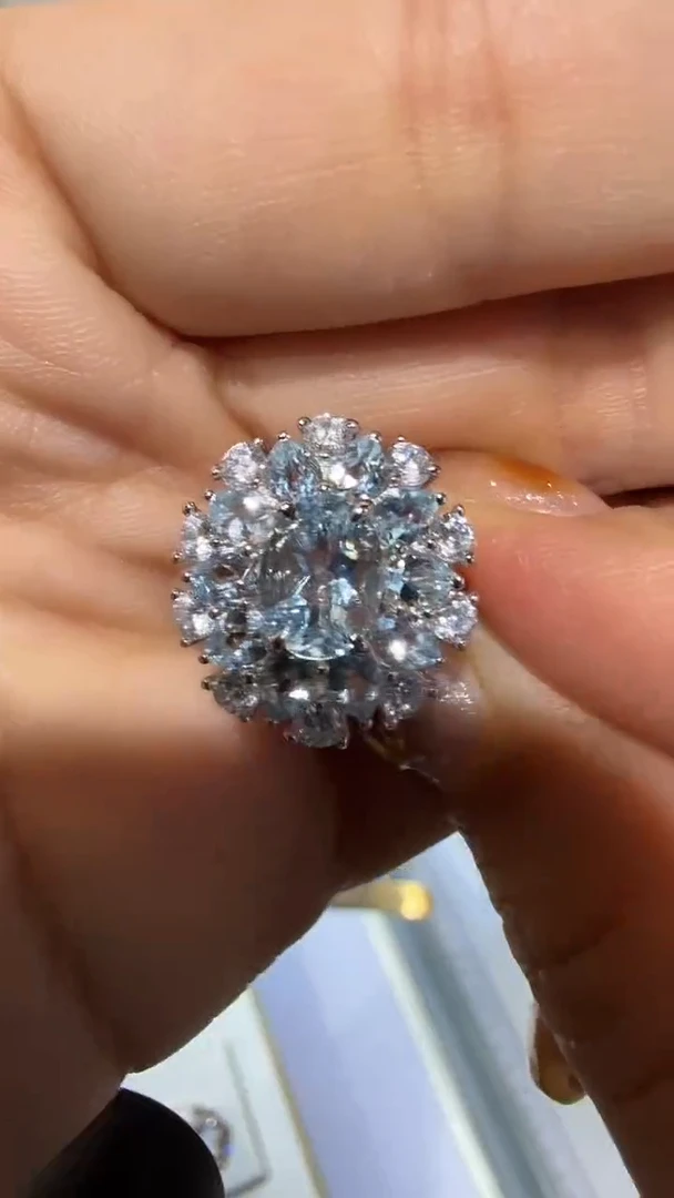 银S925镀金镶嵌戒指定制海蓝宝石混镶戒指13-16备注圈口