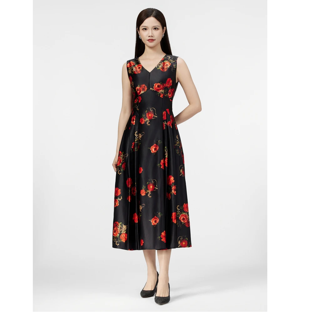 SUSSI古色丨“暗夜玫瑰’中式美学黑底红花马夹裙经典X型连衣裙女