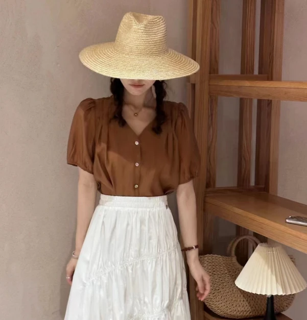 【四季青红姐】天丝V领压褶小衫女 68017