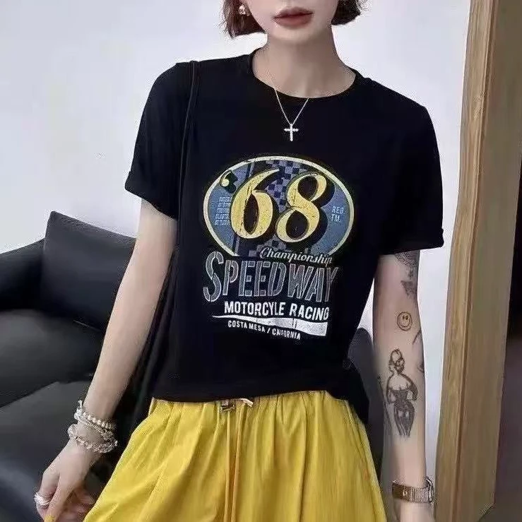 【锦衣服饰】SSJ 25185韩系字母印花侧扣圆领短袖T