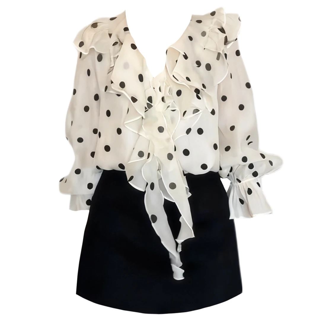 大码胖MM复古波点荷叶边衬衫女秋季新款气质设计感黑色裤裙两件套